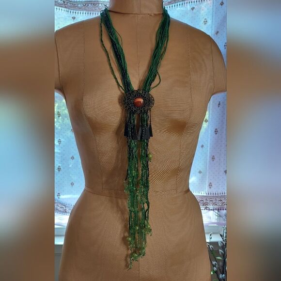 Vintage Handmade Statement Necklace Long Tassel  Glass Beads Bolo Necklace - Picture 2 of 8